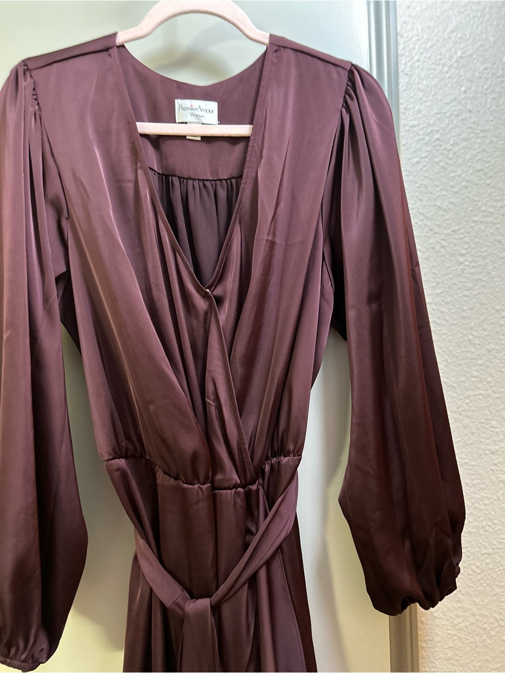 Premier Satin Plum Long Sleeve Maxi Wrap Dress